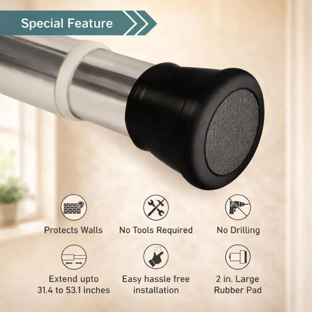 Grozaro Premium Stainless Steel 125CM Adjustable No-Drill Tension Rod with Black Non-Slip Rubber End Caps