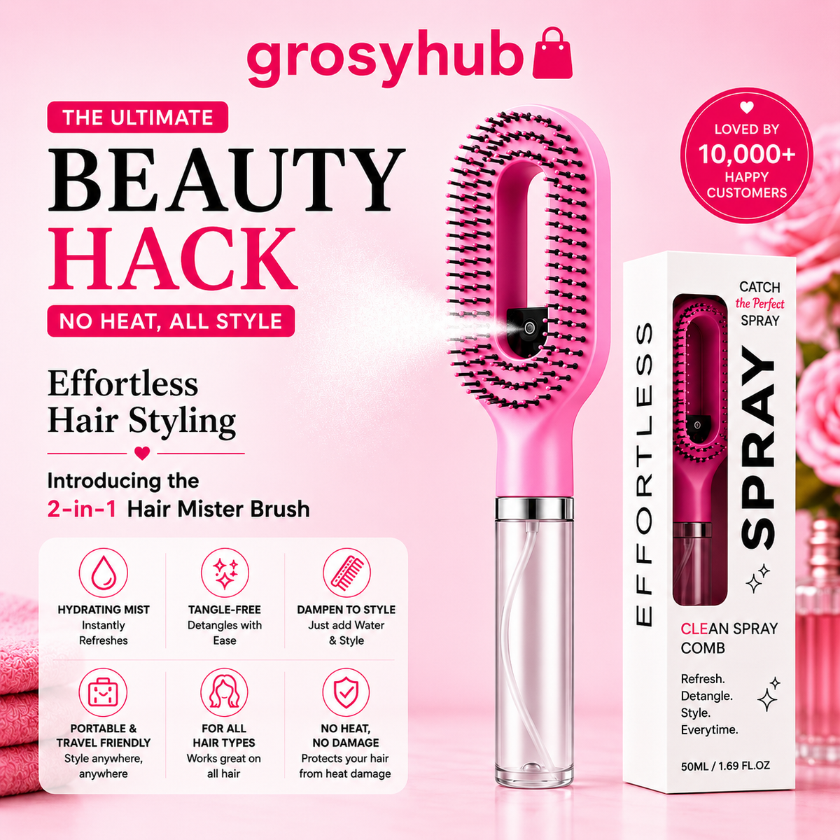 Grozaro Multicolour 2-in-1 Spray Comb Hair Brush with Built-In Mist Bottle — Anti-Frizz Detangling Brush