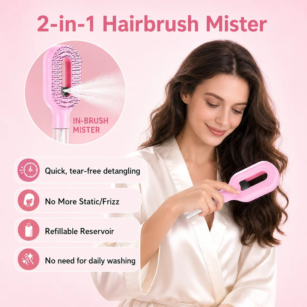 Grozaro Multicolour 2-in-1 Spray Comb Hair Brush with Built-In Mist Bottle — Anti-Frizz Detangling Brush