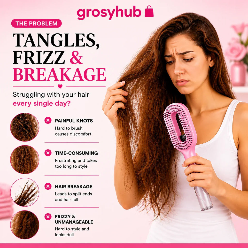 Grozaro Multicolour 2-in-1 Spray Comb Hair Brush with Built-In Mist Bottle — Anti-Frizz Detangling Brush