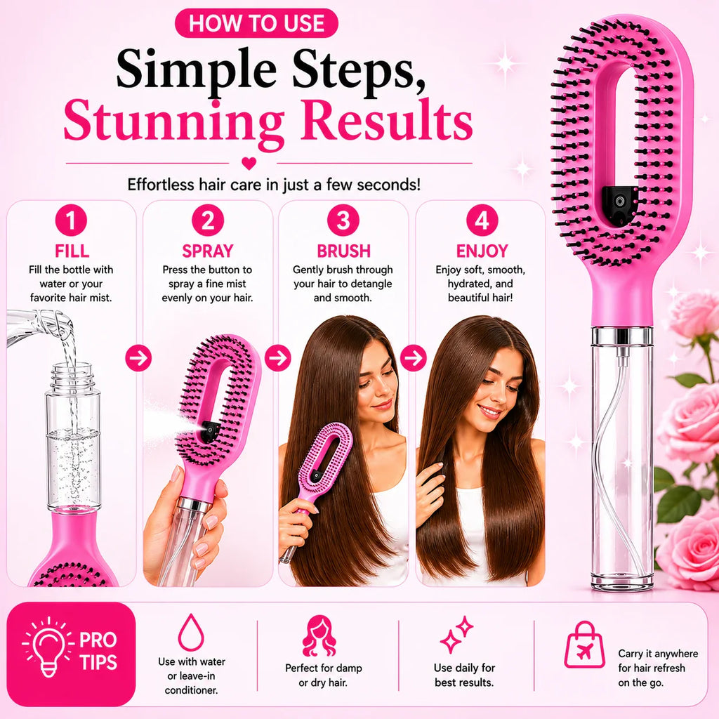 Grozaro Multicolour 2-in-1 Spray Comb Hair Brush with Built-In Mist Bottle — Anti-Frizz Detangling Brush