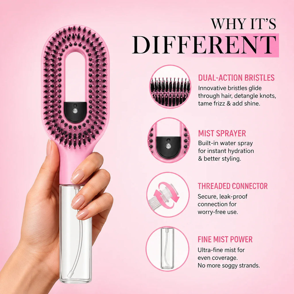 Grozaro Multicolour 2-in-1 Spray Comb Hair Brush with Built-In Mist Bottle — Anti-Frizz Detangling Brush