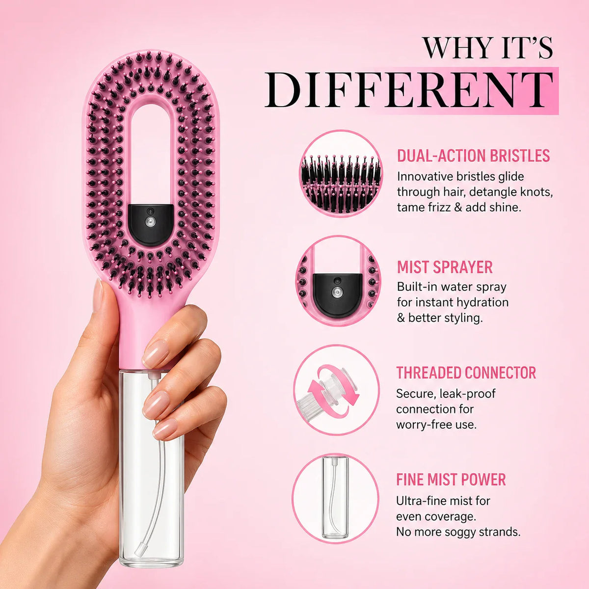 Grozaro Multicolour 2-in-1 Spray Comb Hair Brush with Built-In Mist Bottle — Anti-Frizz Detangling Brush